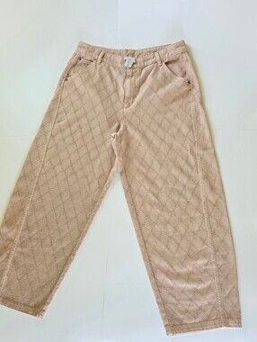Joie Boho-Chic Lierre Luxe Quilted Diamond Jacquard Wide Leg Crop Tan 10 Pants